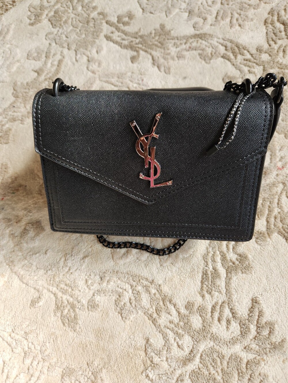 Saint Laurent Black Textured Leather YSL Chain Crossbody